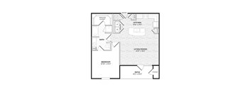 A black and white image of a house floor plan with a walk-in closet, kitchen, bath, living/dining area, bedroom, and patio.