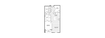 A black and white floor plan of a house with a study, kitchen, living/dining area, bedroom, bath, and walk-in closet.
