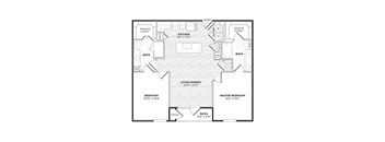 A black and white image of a house floor plan with a kitchen, living room, dining room, and three bedrooms.
