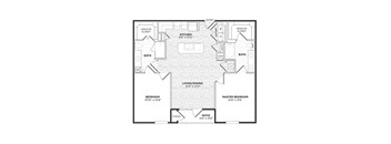 A black and white image of a house floor plan with a living room, kitchen, two bedrooms, two bathrooms, and a patio.