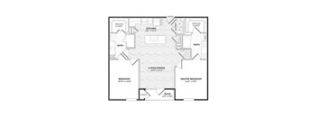 A black and white image of a house floor plan with a kitchen, living room, dining room, two bedrooms, two bathrooms, and a patio.