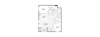 A black and white image of a floor plan for a home with a kitchen, living/dining area, and two bedrooms.