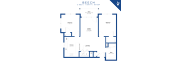 A blueprint of a 2 bedroom 1 bathroom apartment in Beech building.