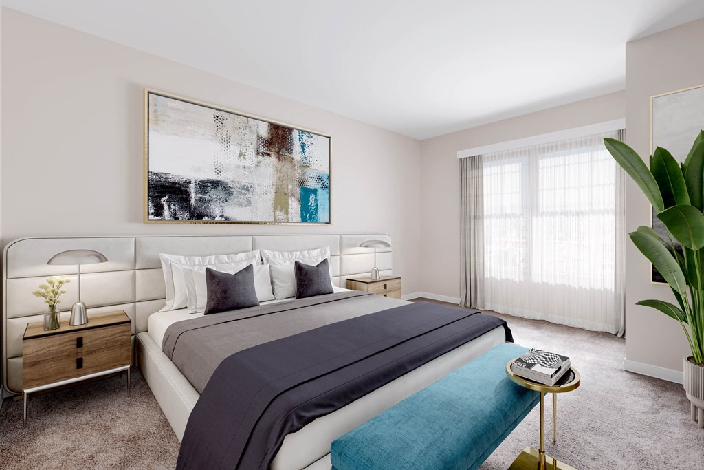 a bedroom with a large painting on the wall and a bed with a blue blanket at West 130, West Hempstead, NY