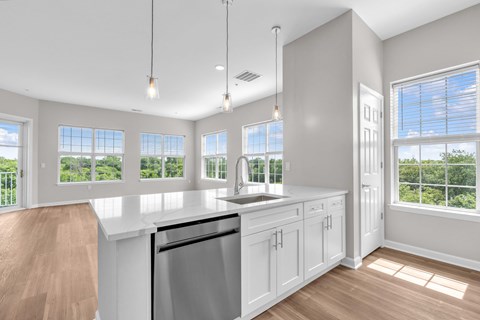 A kitchen with white cabinets and a stainless steel dishwasher.