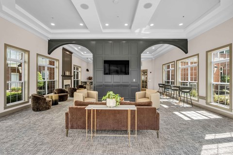 A living room with a brown couch and a grey carpet.