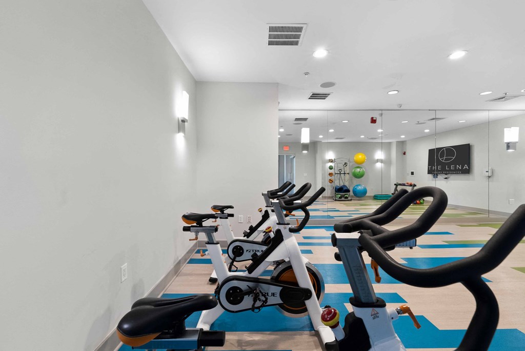a group of exercise bikes in the Fitness Center at The Lena, Raritan, New Jersey