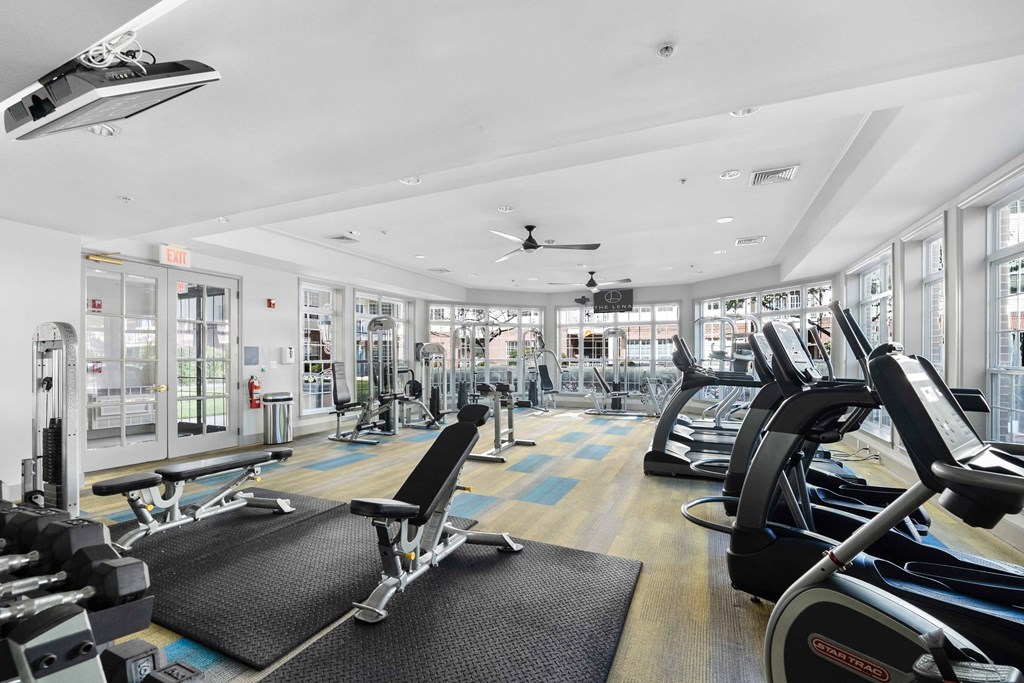 A spacious fitness center at The Lena, New Jersey