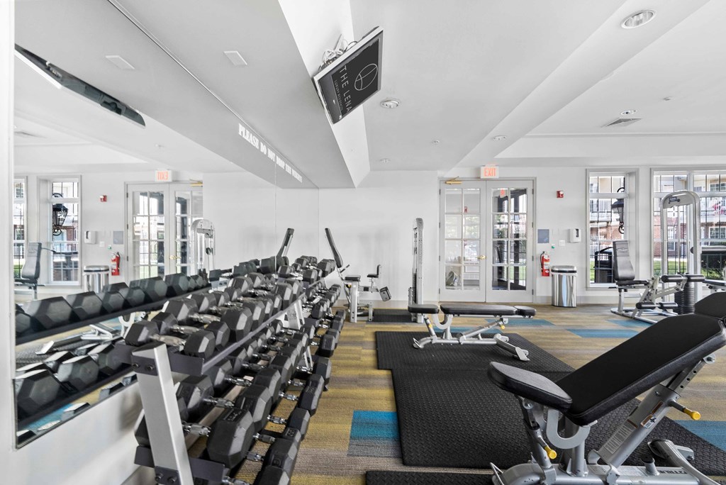 a spacious fitness center at The Lena, New Jersey
