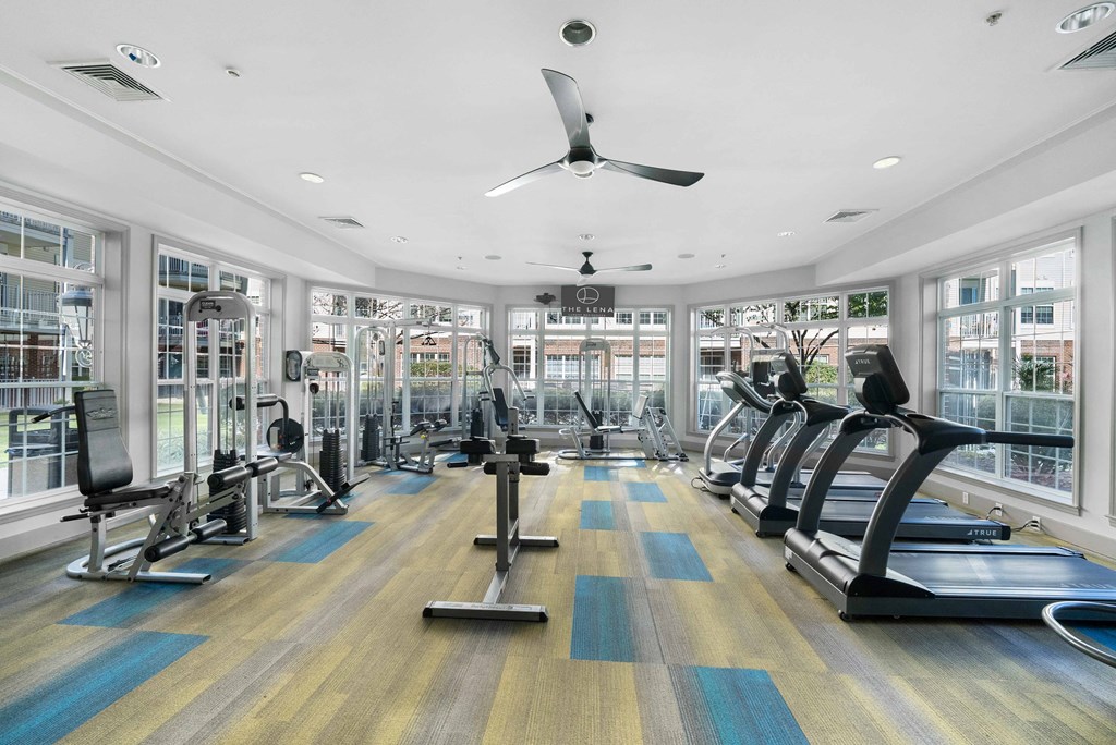 a large fitness center with treadmills and elliptical trainers at The Lena, New Jersey, 08869 a large fitness center with treadmills and elliptical trainers at The Lena, New Jersey, 08869