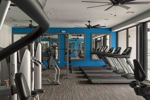 A gym with treadmills, weights, and a fan at Regatta Sloans Lake Apartments, Denver, CO, 80204