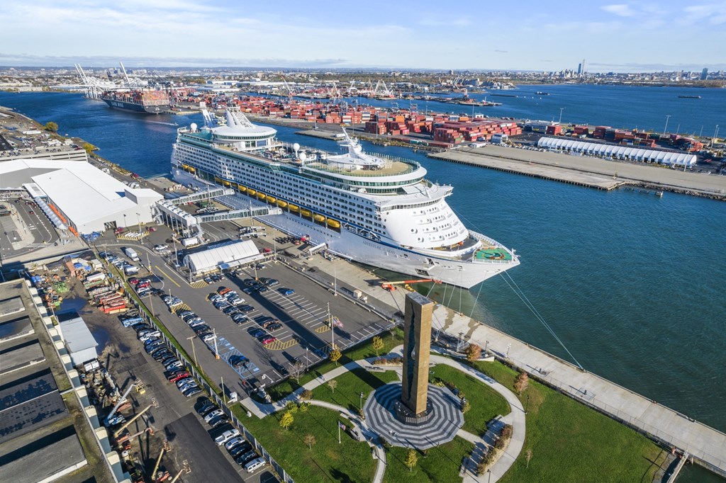 a cruise ship docked at Cape Liberty Cruise Port at Harbor Pointe, Bayonne, 07002
