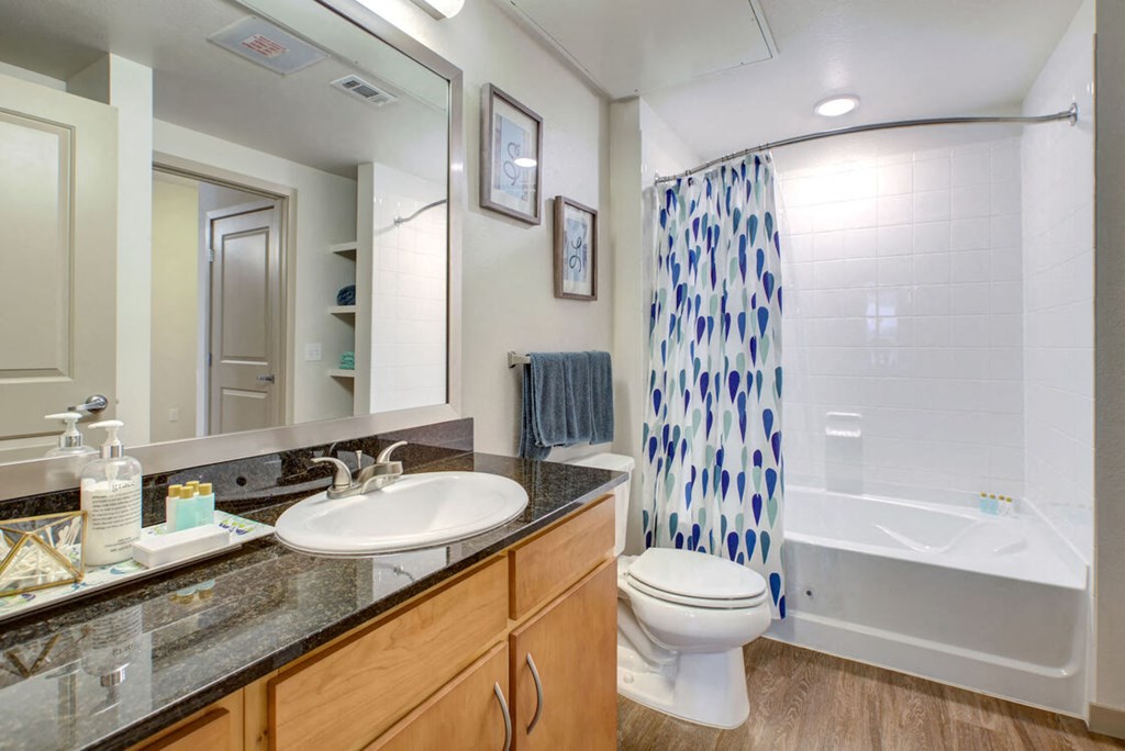 A bathroom with a white toilet, sink, and shower at Regatta Sloans Lake Apartments, Colorado, 80204