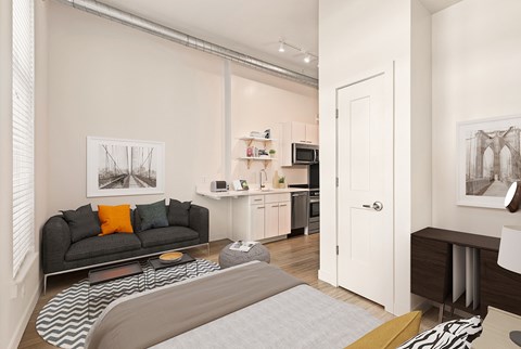 A living room with a grey couch and a grey rug.