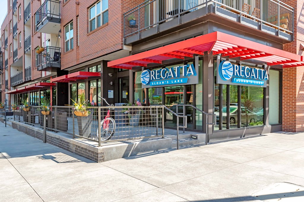 A red and white sign at Regatta Sloans Lake Apartments, Denver