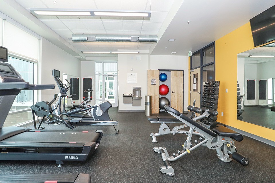 A gym with treadmills, weights, and exercise equipment at RiDE at RiNo Apartments, Colorado