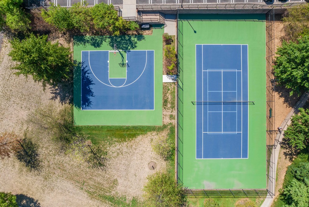 an aerial view of half basketball and full tennis court at The Lena, Raritan, New Jersey