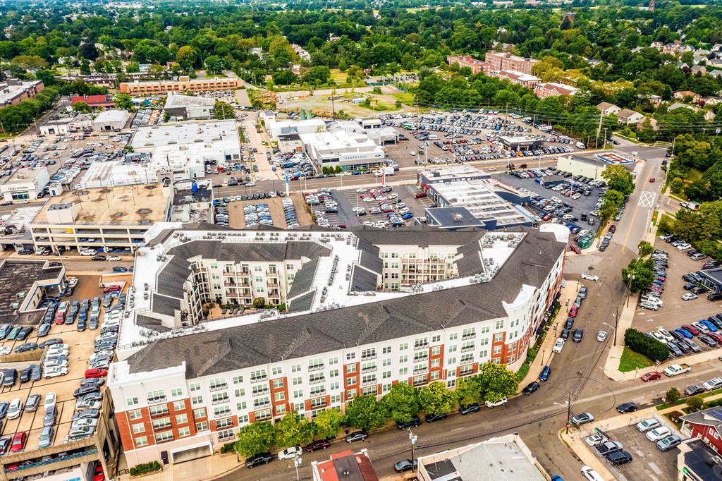 an aerial view of a large building in a city at Metro 303, New York, 11550