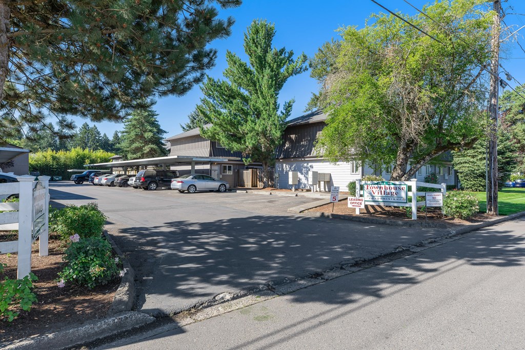 a parking lot in front of a building