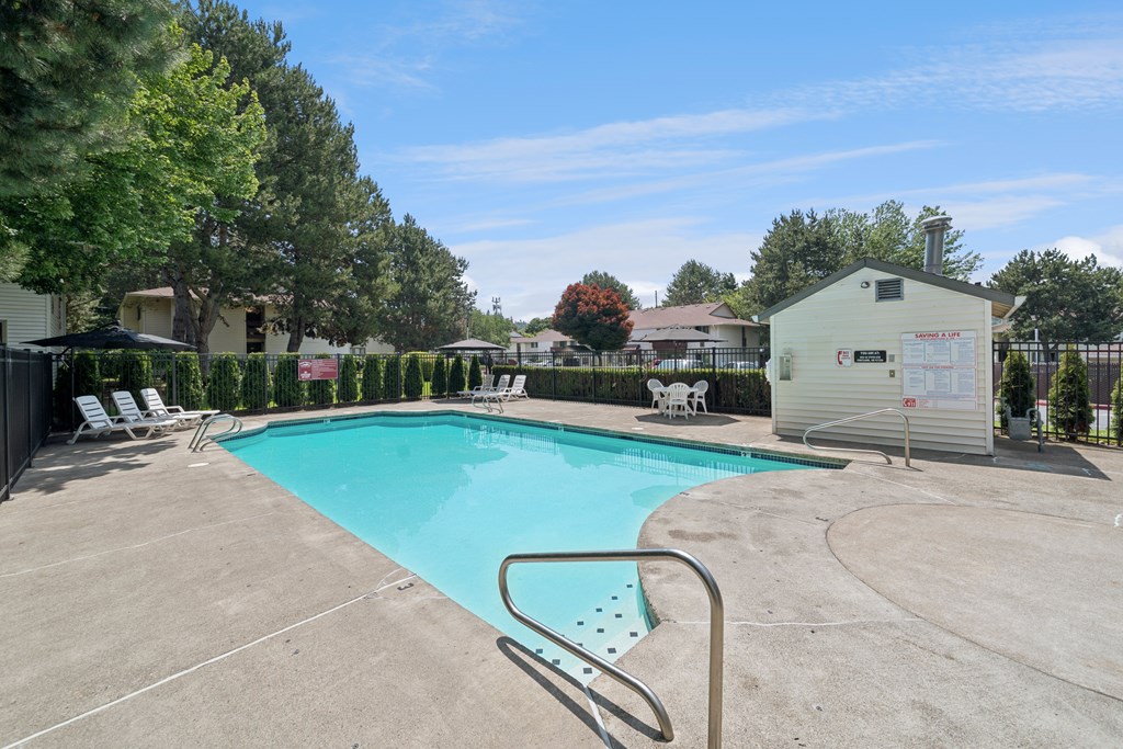 A swimming pool surrounded by a concrete patio and trees.