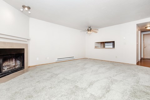 A living room with a fireplace and a carpet.