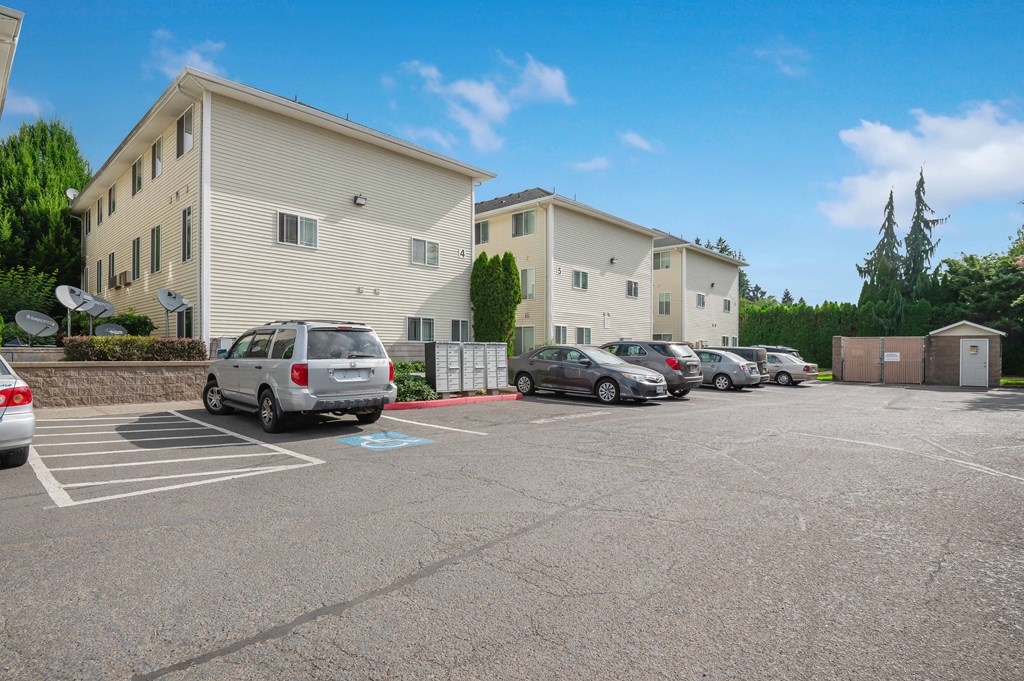 a parking lot in front of a building