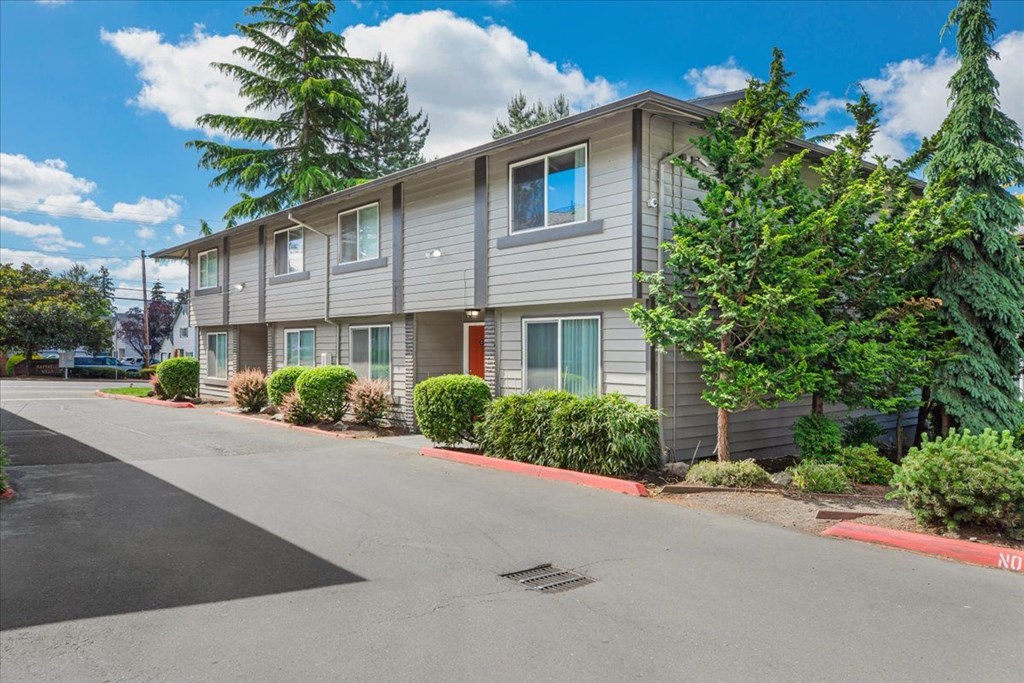 A row of townhouses with a red line on the sidewalk.