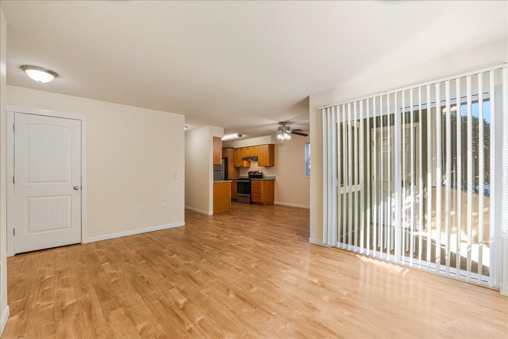 Cascade Woods living area with sliding glass door