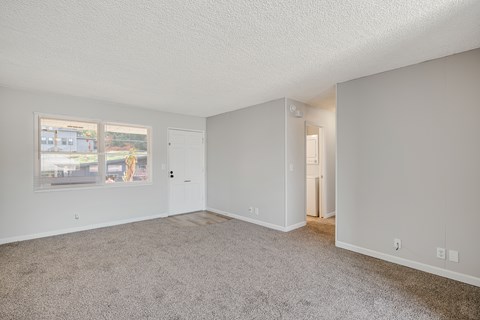 A spacious room with a carpeted floor and white walls.
