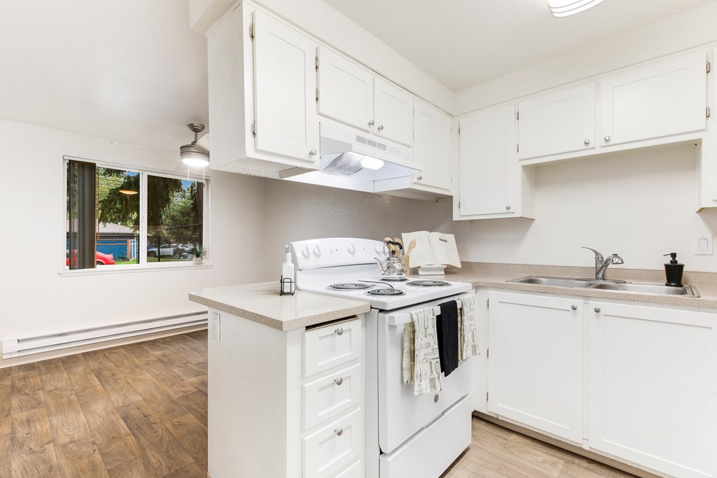 a kitchen with white cabinets and a stove and a window
