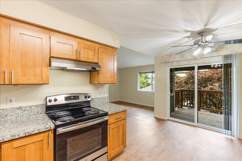 Cascade Woods stove and kitchen area