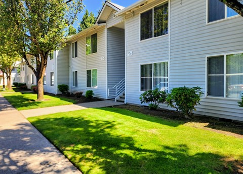 A row of white houses with green trees in front.