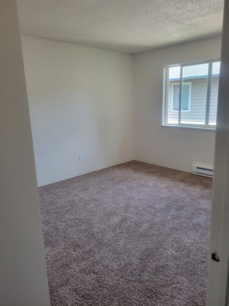 an empty room with carpet and a window