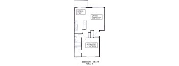 A floor plan of a one bedroom apartment with a living room, dining area and a bathroom.