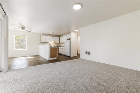 A spacious room with a carpeted floor and a ceiling fan.