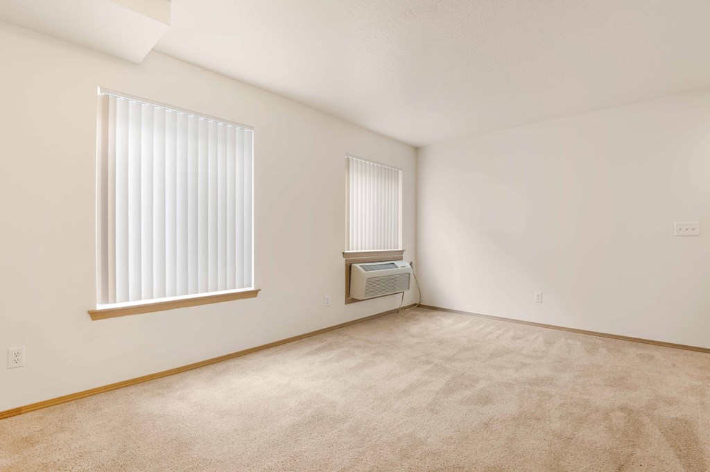 a bedroom with two windows and a radiator