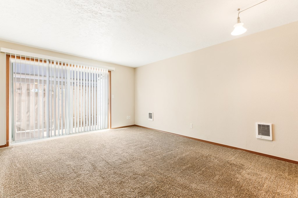 a bedroom with a sliding glass door and a carpeted floor