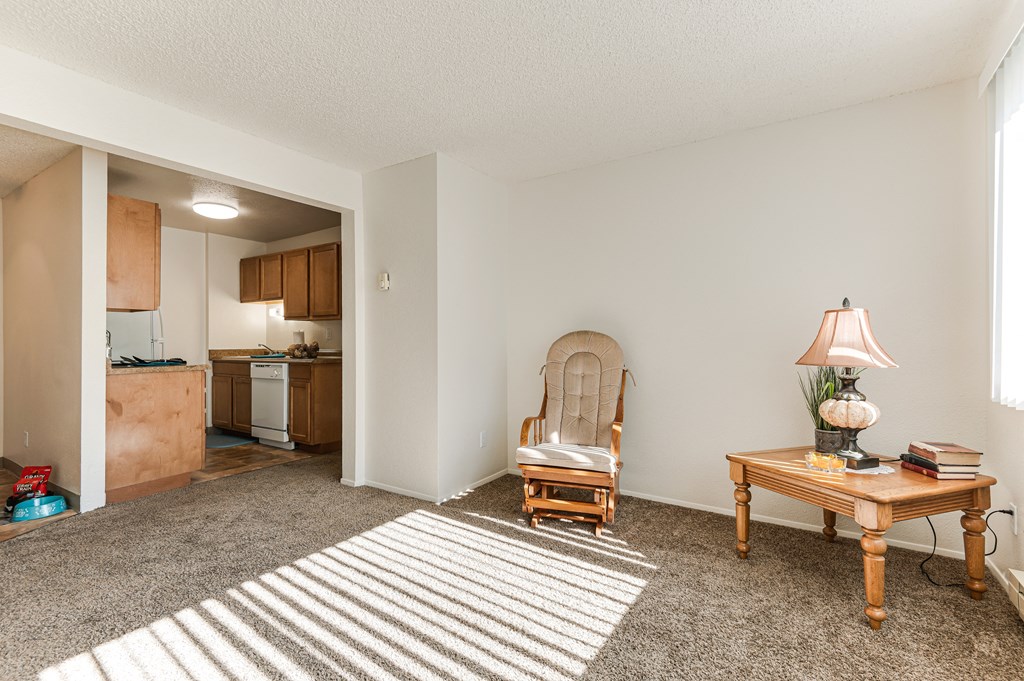 a living room with a kitchen in the background