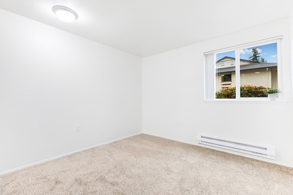 an empty room with carpet and a window