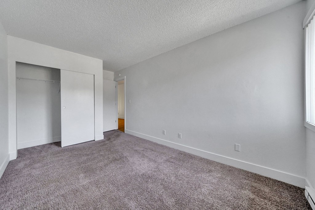 a bedroom with a carpeted floor and a closet with a mirrored door
