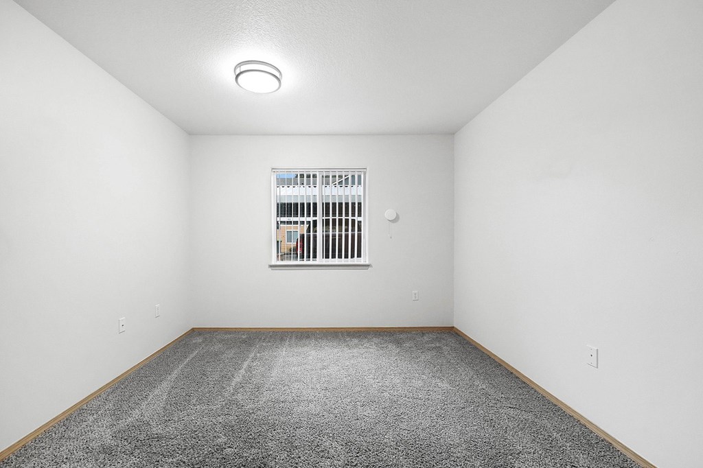 A room with a window and a carpeted floor.