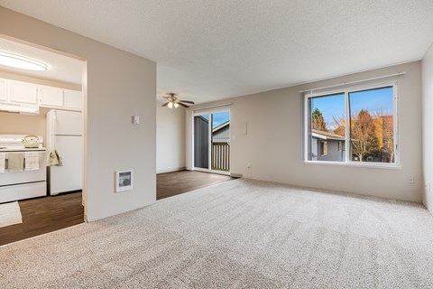 A spacious living room with a carpeted floor and a large window.