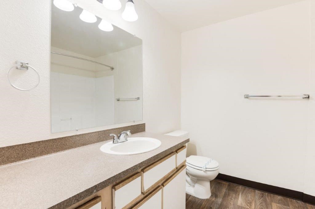 a bathroom with a sink toilet and mirror