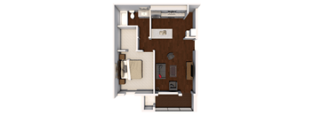 A 3D floor plan of a small apartment with a bedroom, living room, and kitchen.