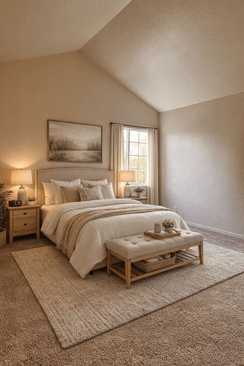 A bedroom with a large bed and a wooden bench.