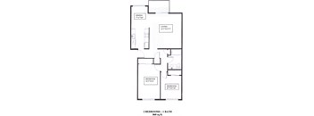 A floor plan of a two bedroom apartment with one bathroom.