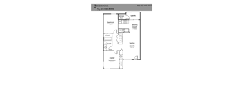 A floor plan of a 900 square feet home with 2 bedrooms and 1 1/3 bathrooms.