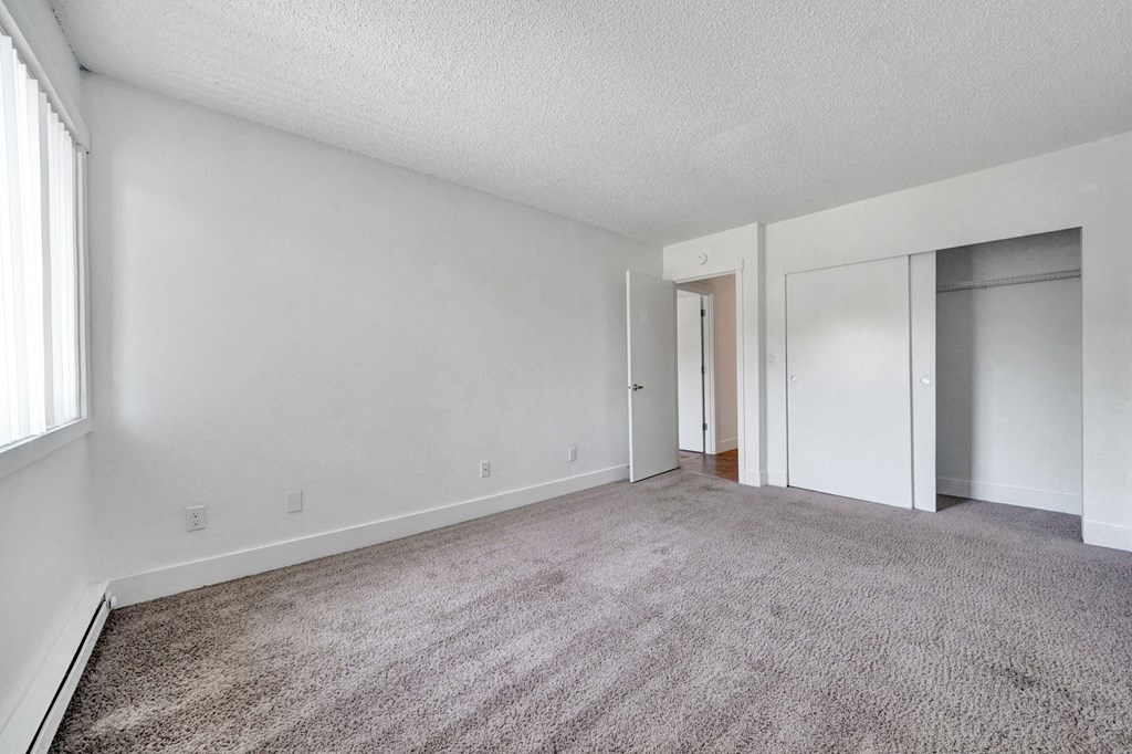 a bedroom with white walls and carpet