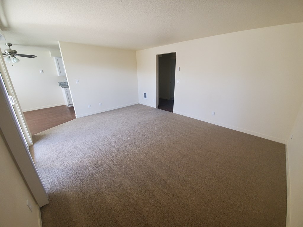 an empty living room with white walls and brown carpet