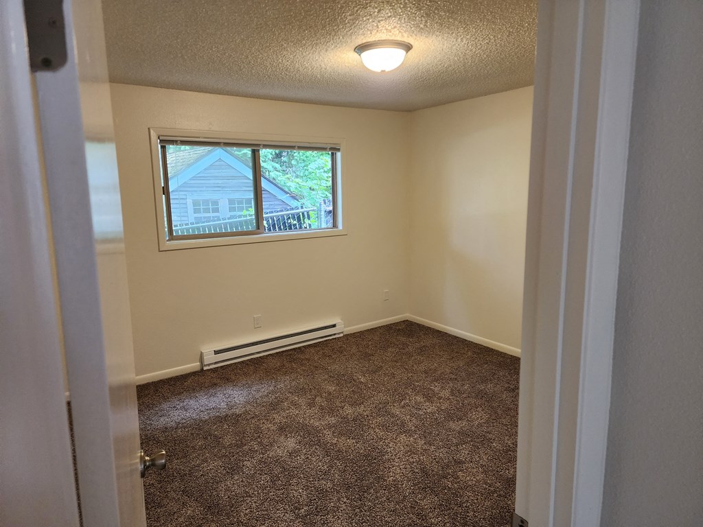 an empty room with carpet and a window